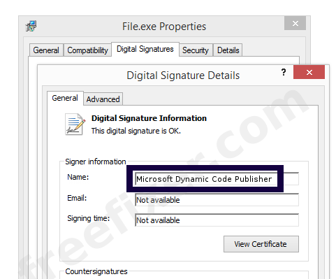 Screenshot of the Microsoft Dynamic Code Publisher certificate